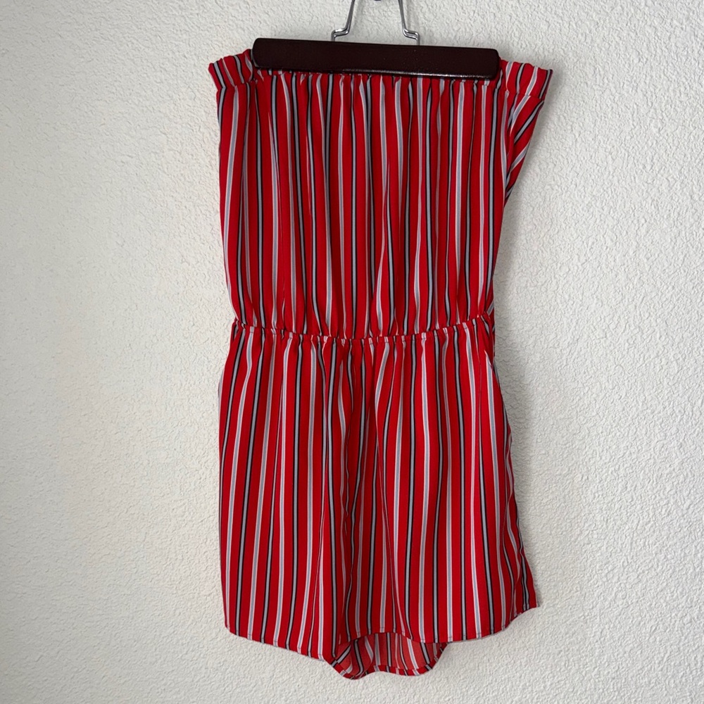 Orange and Blue Striped Strapless Romper
